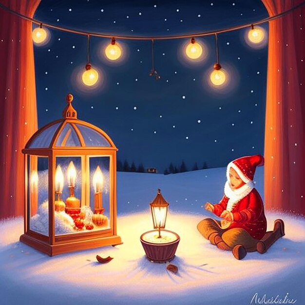 a christmas card with a man in a santa hat sitting in the snow with a lantern and a christmas light