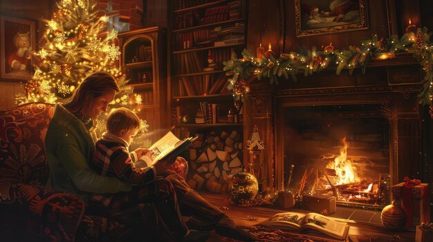 a christmas card with a picture of two children reading a book