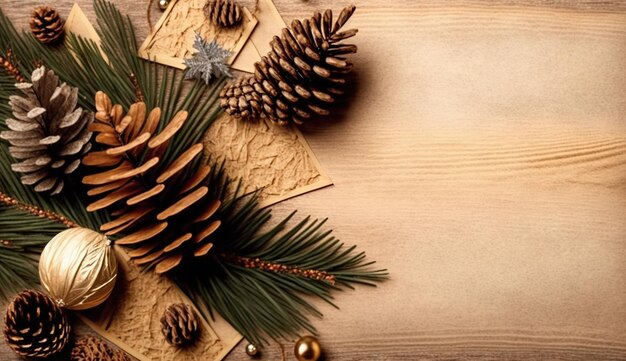 A christmas card with pine cones and a christmas tree on a wooden table