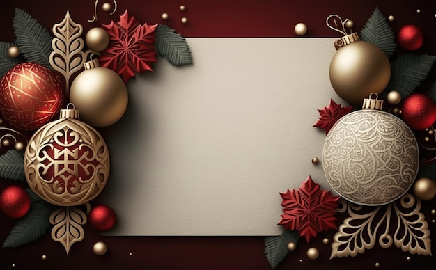 Christmas card with a red background and gold ornaments