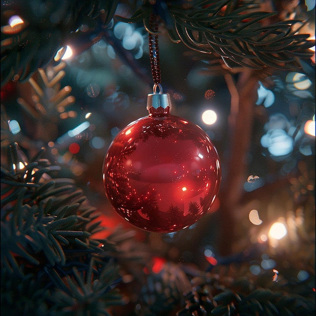 A christmas card with a red bauble and a christmas tree with a gold border