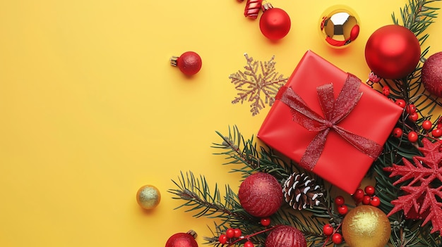 a christmas card with a red gift on a yellow background