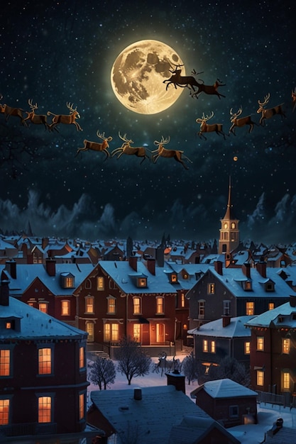 a christmas card with reindeer and sleigh flying over a city at night