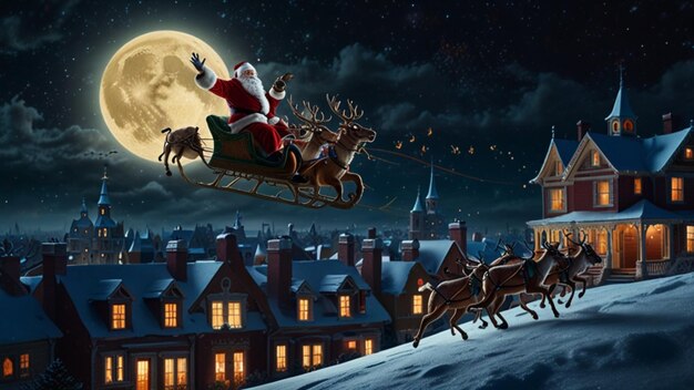 a christmas card with a reindeer and sleigh with reindeer on the roof