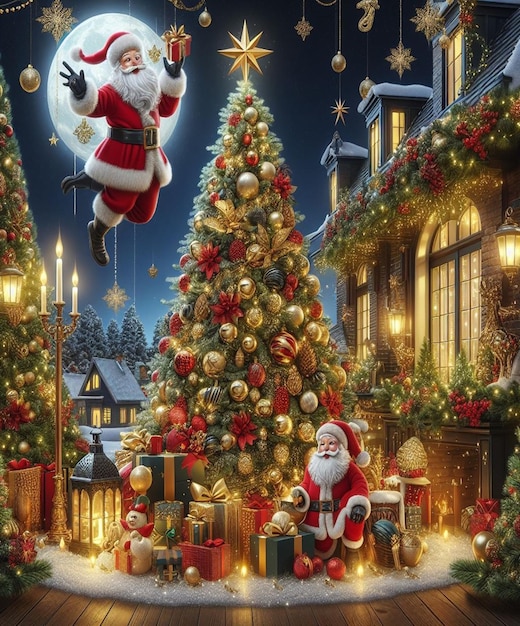 a christmas card with santa claus and a christmas tree