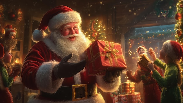 a christmas card with a santa claus holding a present