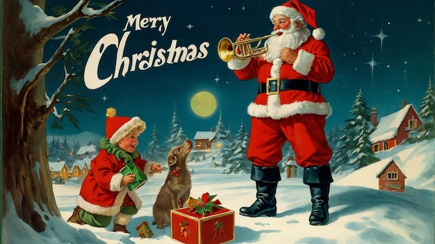 a christmas card with a santa claus playing a trumpet