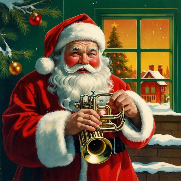 Photo a christmas card with a santa claus playing a trumpet