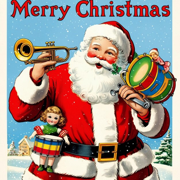 a christmas card with a santa claus playing a trumpet