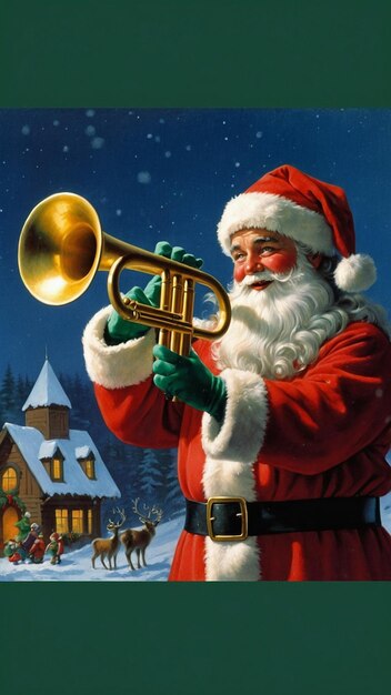 Photo a christmas card with a santa claus playing a trumpet