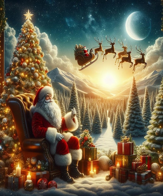 a christmas card with a santa claus sitting in a chair with a christmas tree in the background