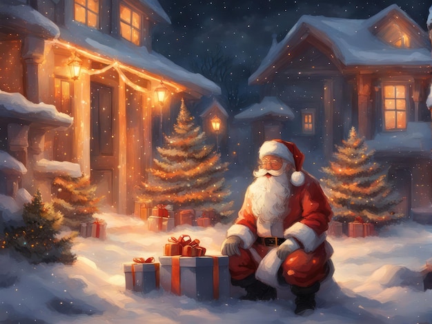 a christmas card with a santa claus sitting in front of a house with a christmas tree in the backgro