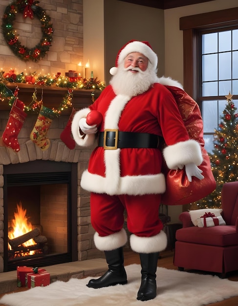 Photo a christmas card with santa claus standing in front of a fireplace