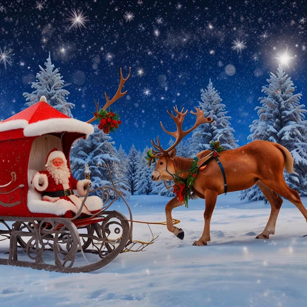 A Christmas card with Santa on it and a sled with reindeer