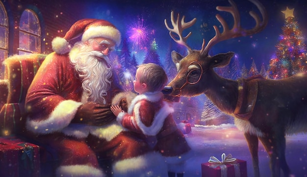 A christmas card with santa and reindeer