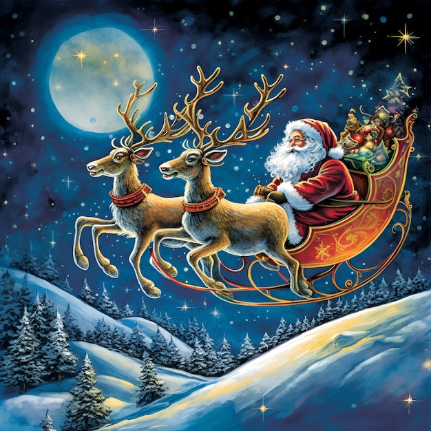 A christmas card with santa riding a sleigh with santa claus in it.