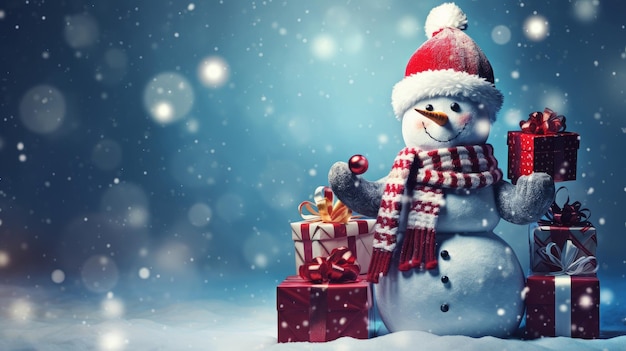 Christmas card with snowman and gifts Generative AI