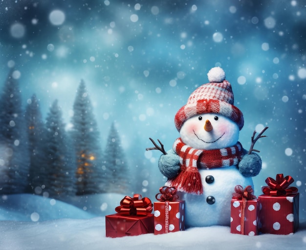 Christmas card with snowman and gifts Generative AI