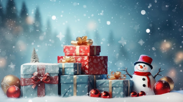 Christmas card with snowman and gifts Generative AI