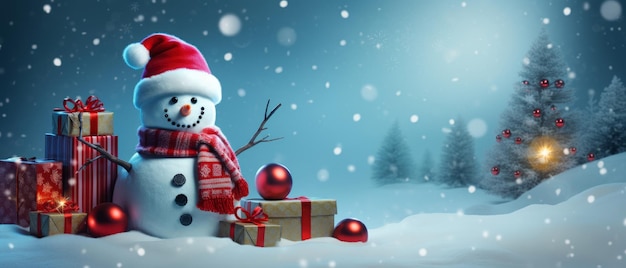 Christmas card with snowman and gifts Generative AI