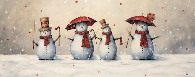 Christmas card with snowmen holding an umbrella in the snow decorative paintings with empty copy s