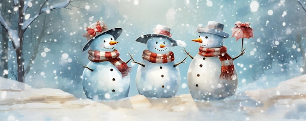 Christmas card with snowmen holding an umbrella in the snow decorative paintings with empty copy s