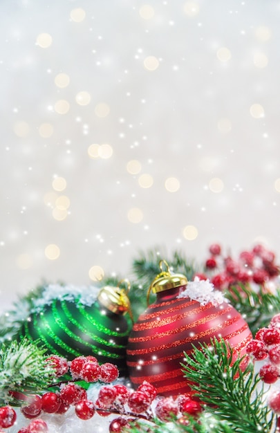 Christmas cards with snow and decor. Selective focus.