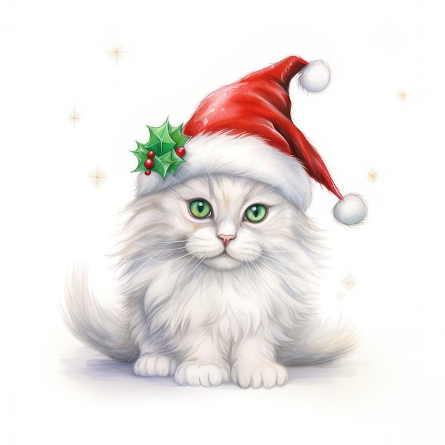 Christmas cat with green eyes in a green cap of Santa Claus