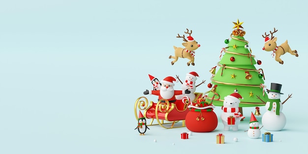 Christmas celebrate with Santa Claus and friends 3d rendering