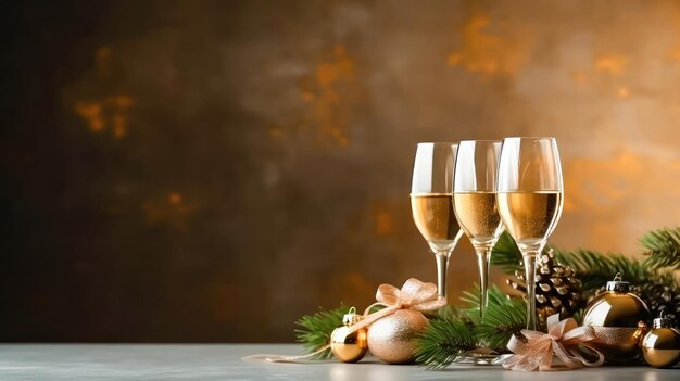 Christmas Celebration Sparkling Champagne Glasses with Holiday Ornaments Generative AI