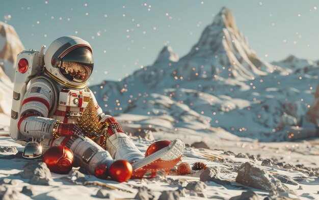 Photo christmas celebrations with an astronaut on mars themes of exploration and solitude generative ai