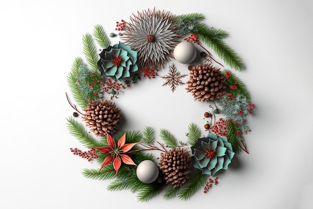 Christmas circle floral composition Wreath of cypress eucalyptus branches pine cones rowan berries anise confetti stars and sea holly flowers