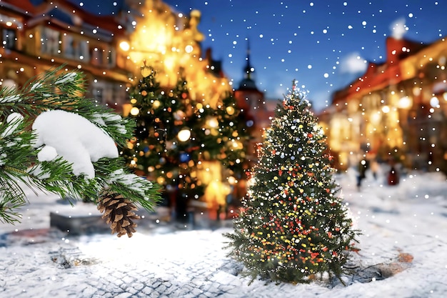 Christmas city and New  Year Festive decoration green tree illuminated snowy  old town