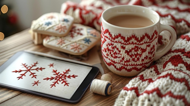 Photo christmas coffee table scene with cozy mug and tablet festive atmosphere