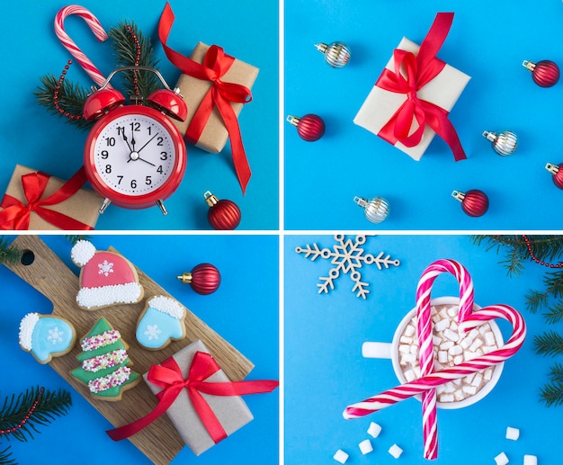 Christmas collage Christmas decoration on the blue background Closeup