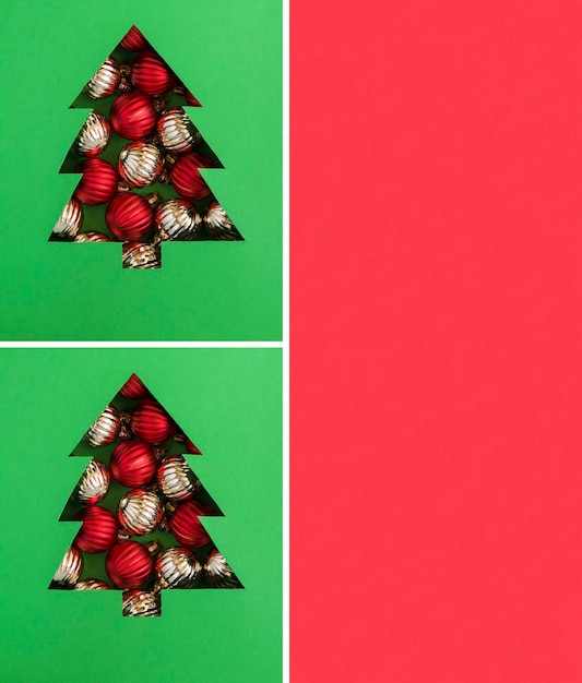 Christmas collage Christmas tree cut out on the green background and filled with colored balls Copy space