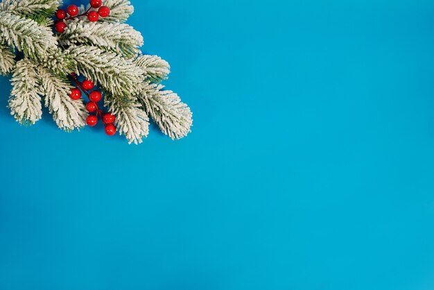 Christmas composition on blue background made of snow tree and red berries. Top view, copyspace