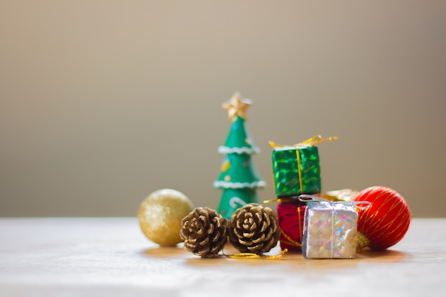 Christmas composition. Christmas gift on wooden white background. Copy space