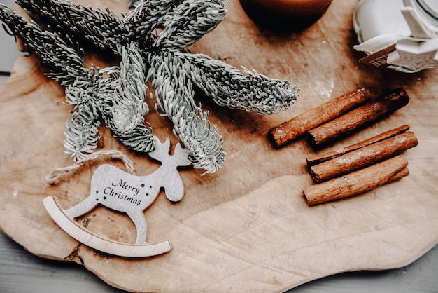 Christmas composition. Christmas gifts, pine branches, toys