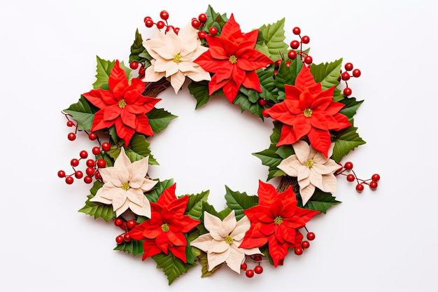 Christmas composition Christmas wreath made with poinsettia flowers on a white background Flat plane top view copy space