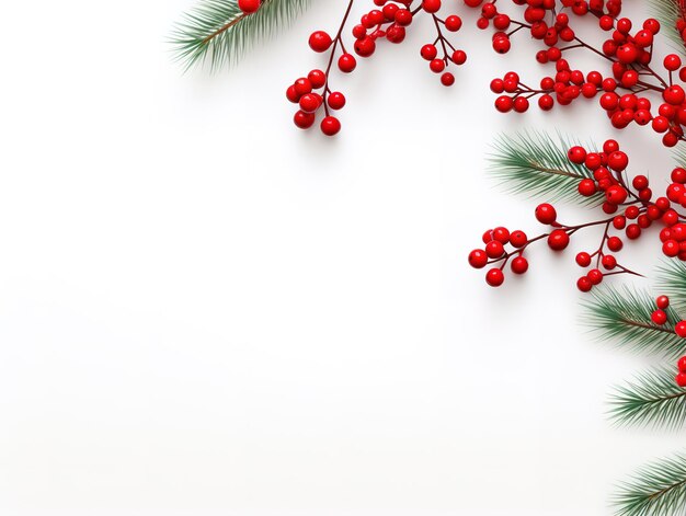 Christmas composition flatlay Spruce branches red berries on white background with space for text