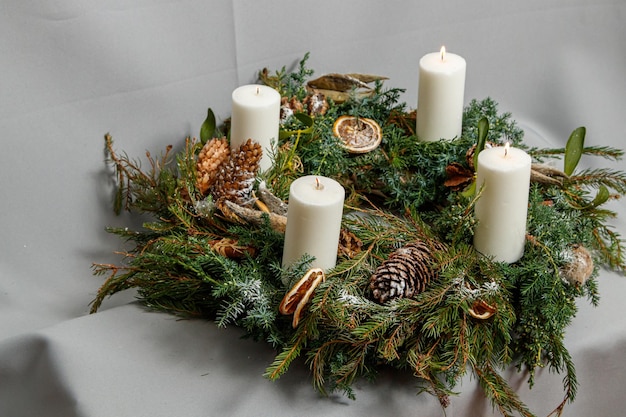 Christmas composition of flowers and Christmas decorations