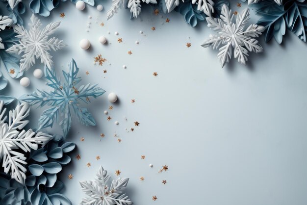 Christmas composition frame made of snowflakes decorations on grey background Christmas winter new year concept Flat lay top view copy space