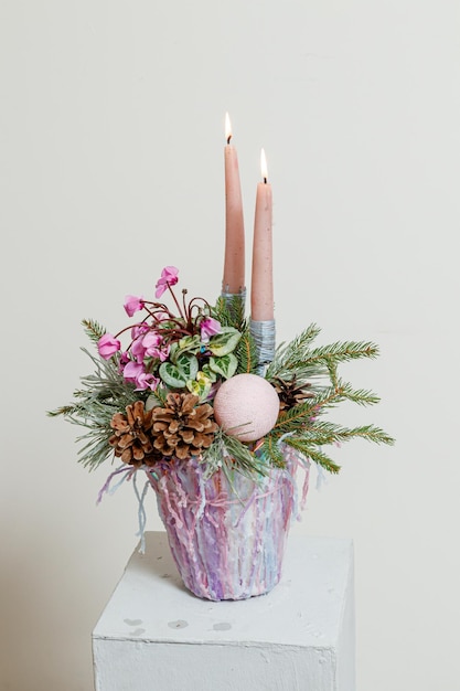 Christmas composition of fresh flowers