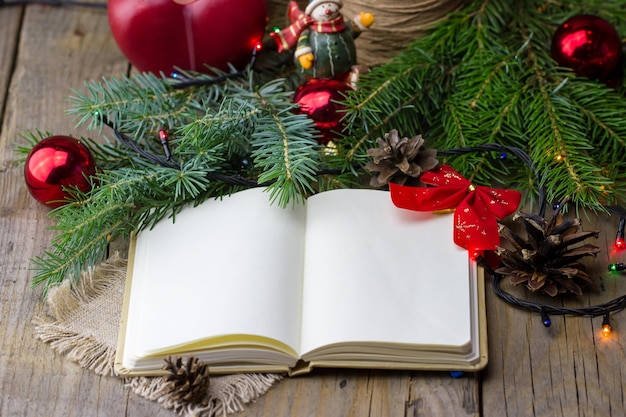 Christmas composition from an open blank notepad with fir branches and a ball