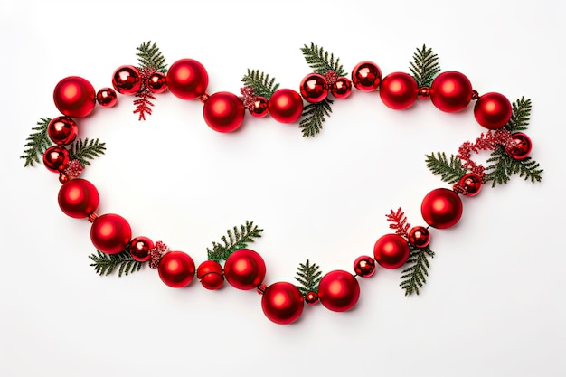 Christmas composition Garland made of red balls and fir tree branches on white background Christmas winter new year conceptTop view copy space