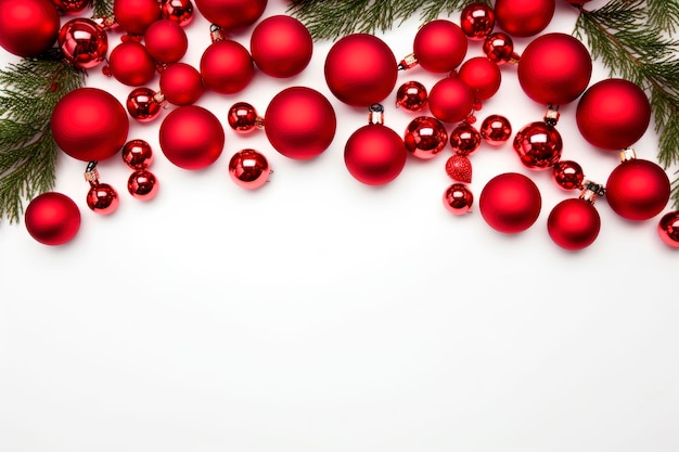 Christmas composition Garland made of red balls and fir tree branches on white background Christmas winter new year conceptTop view copy space