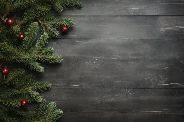 Christmas composition of green fir tree branches with red baubles