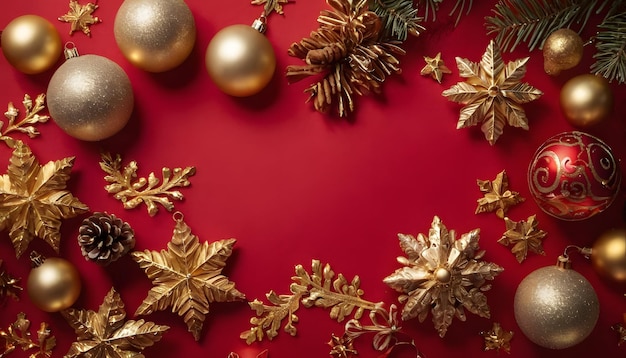 Christmas composition made of christmas gold decoration on red background