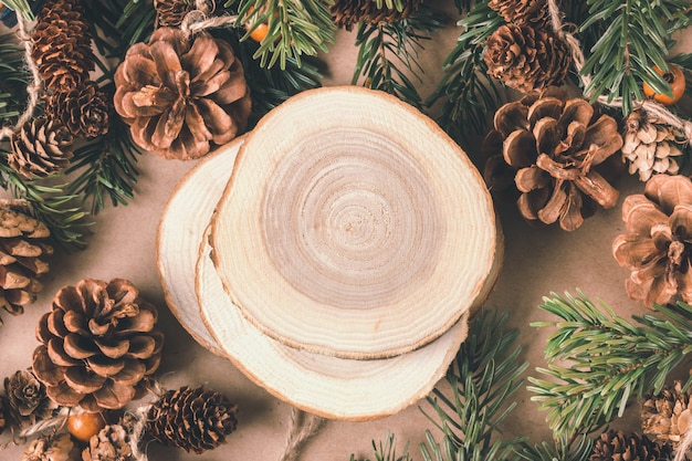 Christmas composition. Spruce branches, cones, wooden stands. Natural materials, eco decorations for the new year. Place for text